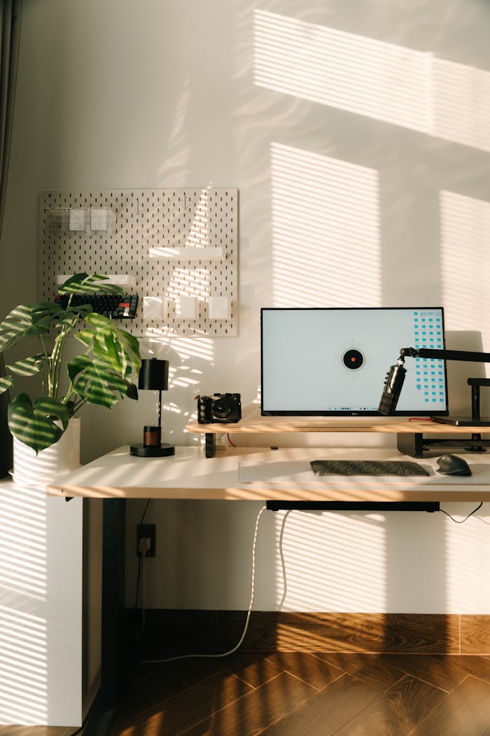 A modern home office with a clean desk setup, natural lighting, and stylish decor.